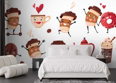 Cute coffee characters, kawaii banner. Set of happy cups, mugs and bean with hot beverage. Take away card, poster template design. Wall mural