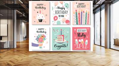 Happy birthday greeting card and party invitation templates. Hand drawn vector illustration. Wall mural