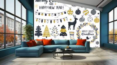 Merry Christmas design elements, set of  boxes, ornaments, garlands, and wreath. Hand drawn vector illustration Wall mural