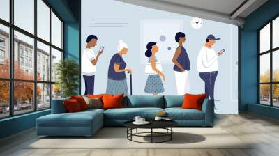 Queue of people, group of men and women waiting for, flat character design, vector illustration. Wall mural