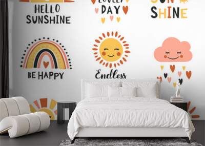 Summer collection with typographic design elements. Sun, rainbow, and clouds. Hand drawn vector illustration. Wall mural