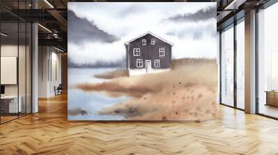 Watercolor landscape. House on the coast with a view of the mountains.Typical Norwegian landscape. Wall mural