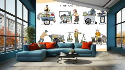 Street food in Thailand set. Hand drawn style vector illustration. Wall mural