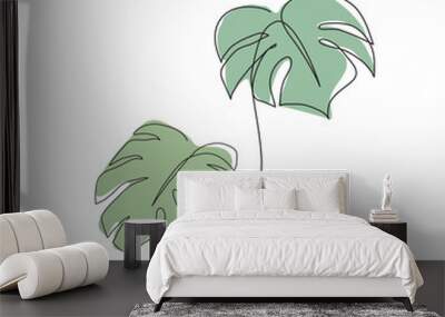 Monstera leaves line art. Contour drawing. Minimalism art. Modern decor. Wall mural