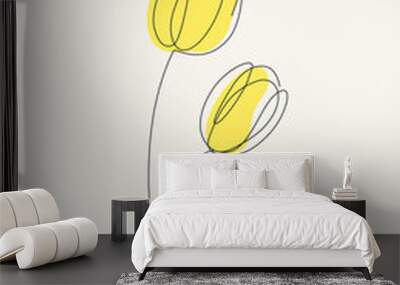 Two yellow Tulips flowers line drawing art. Minimalist art. Abstract Vector illustration Wall mural