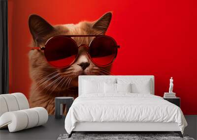 A cute portrait of a brown cat with red sunglass isolated on red background Wall mural