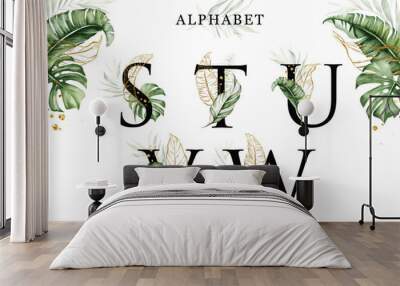 Alphabet set of S  T  U  V  W with tropical leaves watercolor and gold leaves. For logo, initial name, branding, card, identity, etc. Wall mural