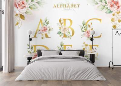 Watercolor floral alphabet set with golden leaves Wall mural