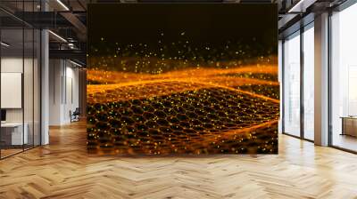 Abstract dynamic wave of connected dots and lines on dark background. Wave of bright particles. Digital technology background. Big data. 4K illustration. 3d rendering. Wall mural