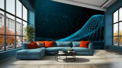 Wave with many dots. Network of bright particles connected by lines. Abstract digital background. 3d rendering. Wall mural