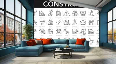 Construction line icons set. Home repair tools outline icons collection. Construction tools, builders and equipment symbols. Builder, crane, engineering, equipment, helmet, tool, house - stock vector. Wall mural