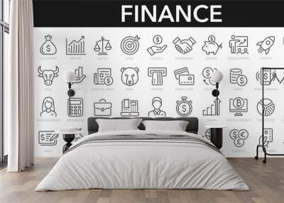 Finance line icons set. Money payments elements outline icons collection. Payments elements symbols. Currency, money, bank, cryptocurrency, check, wallet, piggy, balance, safe - stock vector. Wall mural