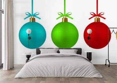 Realistic set Christmas ball with ribbon and bow. Red, yellow green, and others with the ability to simply and bistro will change color. On white background - stock vector. Wall mural