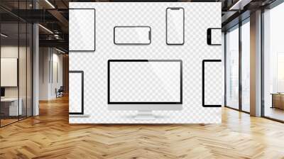 Realistic set computer, laptop, tablet and smartphone. Device screen mockup collection. Realistic mock up computer, laptop, tablet, phone with shadow- stock vector. Wall mural