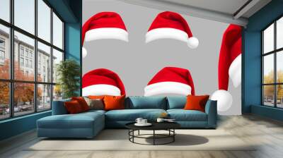 Realistic set of red santa hats. New Year red hat. - stock vector. Wall mural