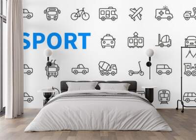 Transport and vehicle icons set. Contains such icons as auto, bike, scooter, bulldozer, bus, cable, car, helicopter and more. Outline web icon collection. Line style - stock vector. Wall mural