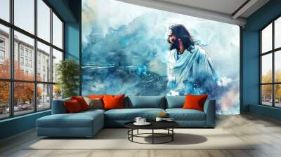 Jesus Christ in Blue Abstract, Spiritual Christian Art Wall mural