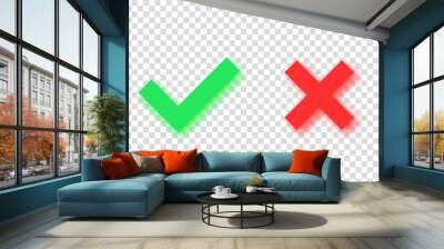 Check mark approval green mark icon red cross cancel mark isolated on transparent background with shadows. Check button, approve or deny, cancel. Yes or no vector icon Wall mural