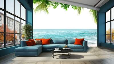 Beach with ocean and palm leaves isolated on transparent background. Wall mural