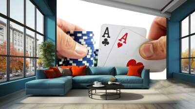 Hands holding poker chips and two aces cards isolated on transparent background. Wall mural