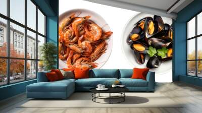 Set of plates with seafood cuisine dish, shrimps, squid, mussels and salmon steak isolated on transparent background - Generative AI Wall mural