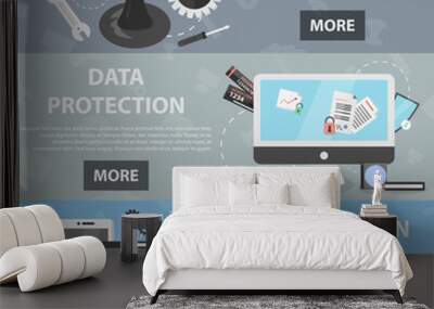 Vector flat horizontal banners of repair service, data protection and installation theme for website and apps. Business concept of fixing computers and electronics. Wall mural