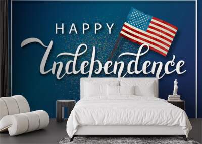 Vector isolated handwritten lettering for 4th July Independence Day in USA and watercolor design american flag on confetti background. Vector calligraphy poster for greeting card and covering. Wall mural