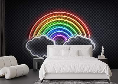 Vector realistic isolated neon sign of Rainbow with Clouds logo for decoration and covering on the transparent background. Wall mural