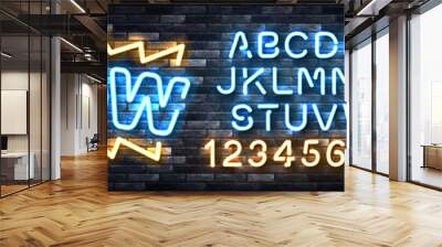 Vector realistic isolated neon sign of WOW logo with easy to change color font alphabet on the wall background. Wall mural