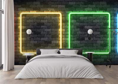 Vector set of realistic isolated neon sign of colorful square frame for template and layout on the wall background. Wall mural