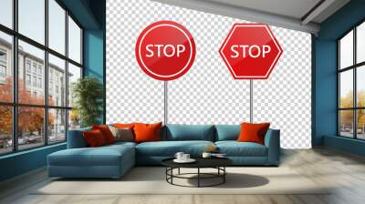 Vector set of realistic isolated street road stop signs for decoration and covering on the transparent background. Concept of road caution, traffic and logistics. Wall mural