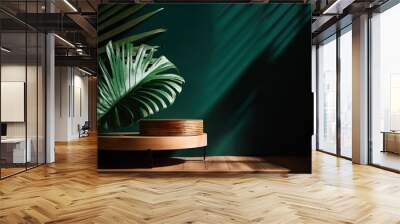 Wooden podium for product display and presentation. Tropical leaves mockup with green natural wooden setting - Generative AI Wall mural