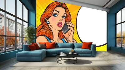 woman and telephone with speech bubble Wall mural