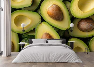 Close-Up of Ripe Halved Avocados, Green Superfood with Brown Seeds, Ideal for Vegan Cooking, Healthy Snacks, and Clean Eating Recipes Wall mural