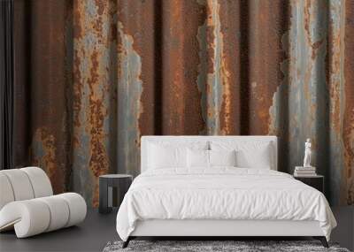 Close-Up View of Rusty Sheet Steel with Weathered Corrosion, Showing Peeling and Flaky Metal Surface, Aged Industrial Texture Ideal for Vintage or Grunge Backgrounds Wall mural