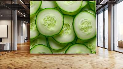 Sliced Cucumbers in a Close-Up View, Arranged in Overlapping Layers, Showcasing the Fresh Green Skin and Juicy Texture, Perfect for Healthy Eating or Salad Concepts Wall mural