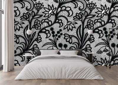 Black vintage Lace seamless pattern with flowers Wall mural