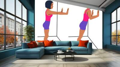 Wall push ups. Sport exersice. Silhouettes of woman doing exercise. Workout, training. Wall mural