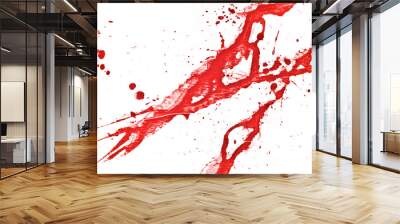 Blood splatter, red acrylic paint splash background texture grunge. Blood splash, spray. Abstract acrylic hand painted splash. Murder and killing. Close up. Wall mural