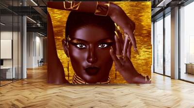 A beautiful young African woman wearing gold jewelry against a gold abstract background. A unique digital art creation of fashion and beauty in a vogue pose. Wall mural