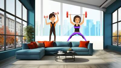 Two girls doing fitness in the office against the backdrop of skyscrapers Wall mural