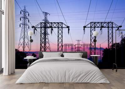 High voltage post and sky in twilight time Wall mural