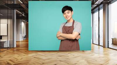 Portrait of Asian workers fresh market with brown apron standing with arms crossed isolated on green background Wall mural