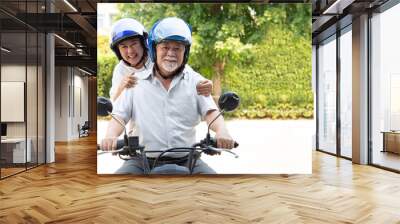 Senior asian couple riding motorcycle, Happy active old age and lifestyle concept Wall mural