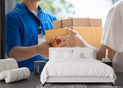 Woman hand accepting a delivery of boxes from deliveryman Wall mural