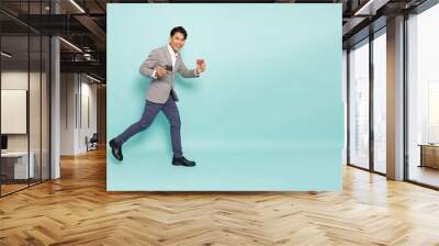 Young Asian businessman showing two credit card isolated on green background, Full body composition Wall mural