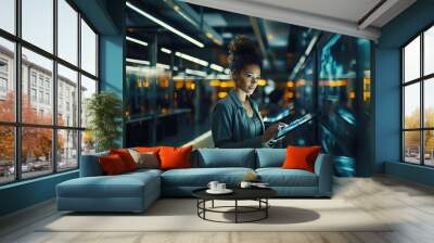 Black female, Chief Technology Officer, using a tablet standing in Big Data Center Wall mural