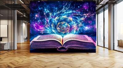 Ancien grimoire magique ouvert avec des étincelles et des éclairs bleus qui s'en échappent - Bibliothèque enchantée, parfaite pour illustrer tout sort mystique ou féérique Wall mural