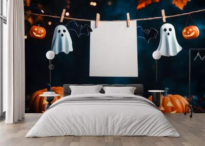 Carte, papier suspendu sur un fil avec décor d'halloween Wall mural