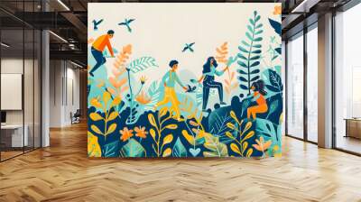 Paysage avec des plantes et des personnes, concept de préservation de l'environnement Wall mural